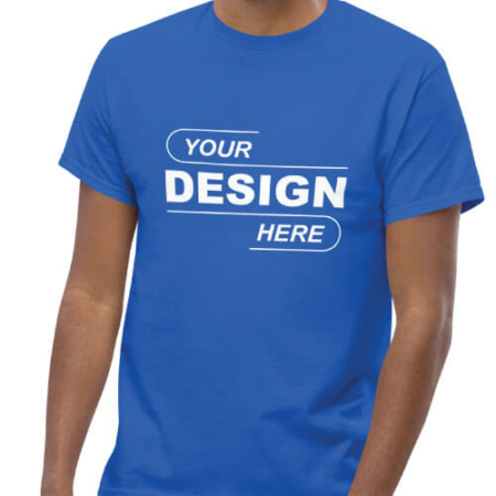 blue t-shirt mockup with white text reading Your Design Here on the front