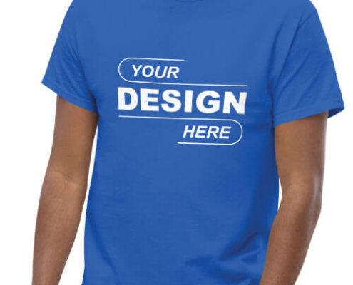 blue t-shirt mockup with white text reading Your Design Here on the front