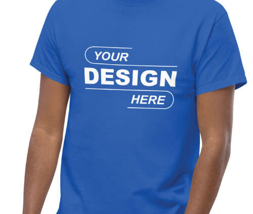 blue t-shirt mockup with white text reading Your Design Here on the front