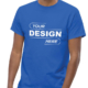 blue t-shirt mockup with white text reading Your Design Here on the front