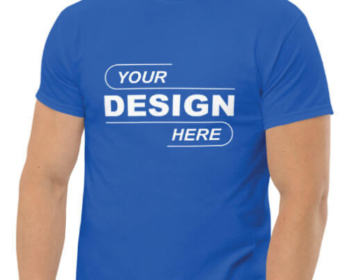 Front view of a blue t-shirt mockup on a male model with white placeholder text reading Your Design Here centered on the chest.