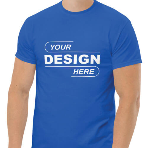 Front view of a blue t-shirt mockup on a male model with white placeholder text reading Your Design Here centered on the chest.