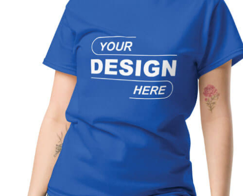 blue t-shirt mockup with white text reading Your Design Here on the front