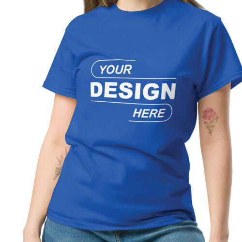 blue t-shirt mockup with white text reading Your Design Here on the front