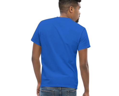 Front view of a blue t-shirt mockup on a male model with white placeholder text reading Your Design Here centered on the chest.