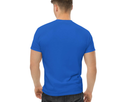 Back view of a plain blue t-shirt mockup, displayed on a male model with no design or graphics