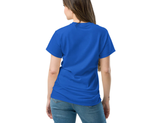 Front view of a blue t-shirt mockup on a female model with white placeholder text reading Your Design Here centered on the chest.
