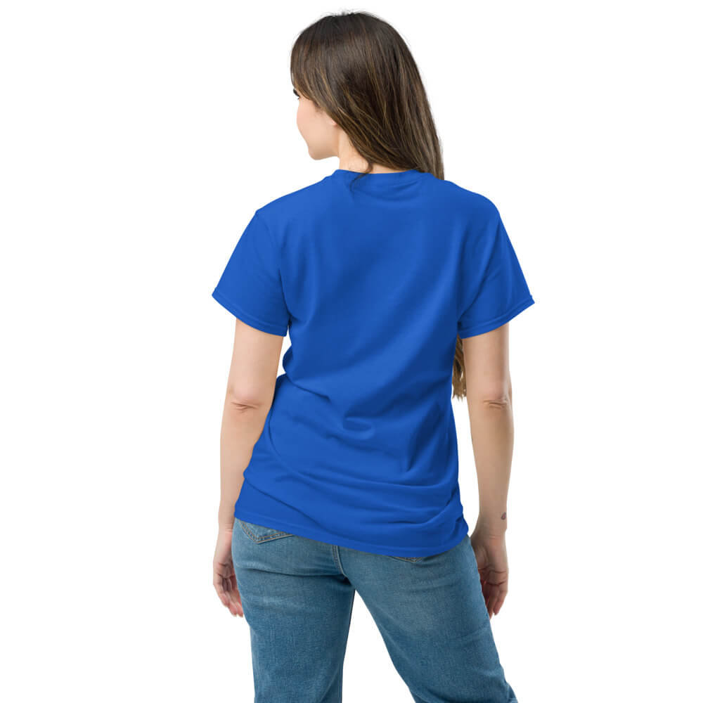 Front view of a blue t-shirt mockup on a female model with white placeholder text reading Your Design Here centered on the chest.